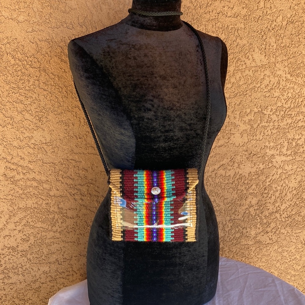 Navajo weaved purse, with clear plastic pocket and24” strap